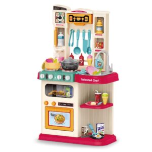 frjinie toy kitchen for toddler, kids kitchen set with play sink with running water, realistic light & sound, pretend role play kitchens apron temperature sensing play food for boys & girls (red#2)