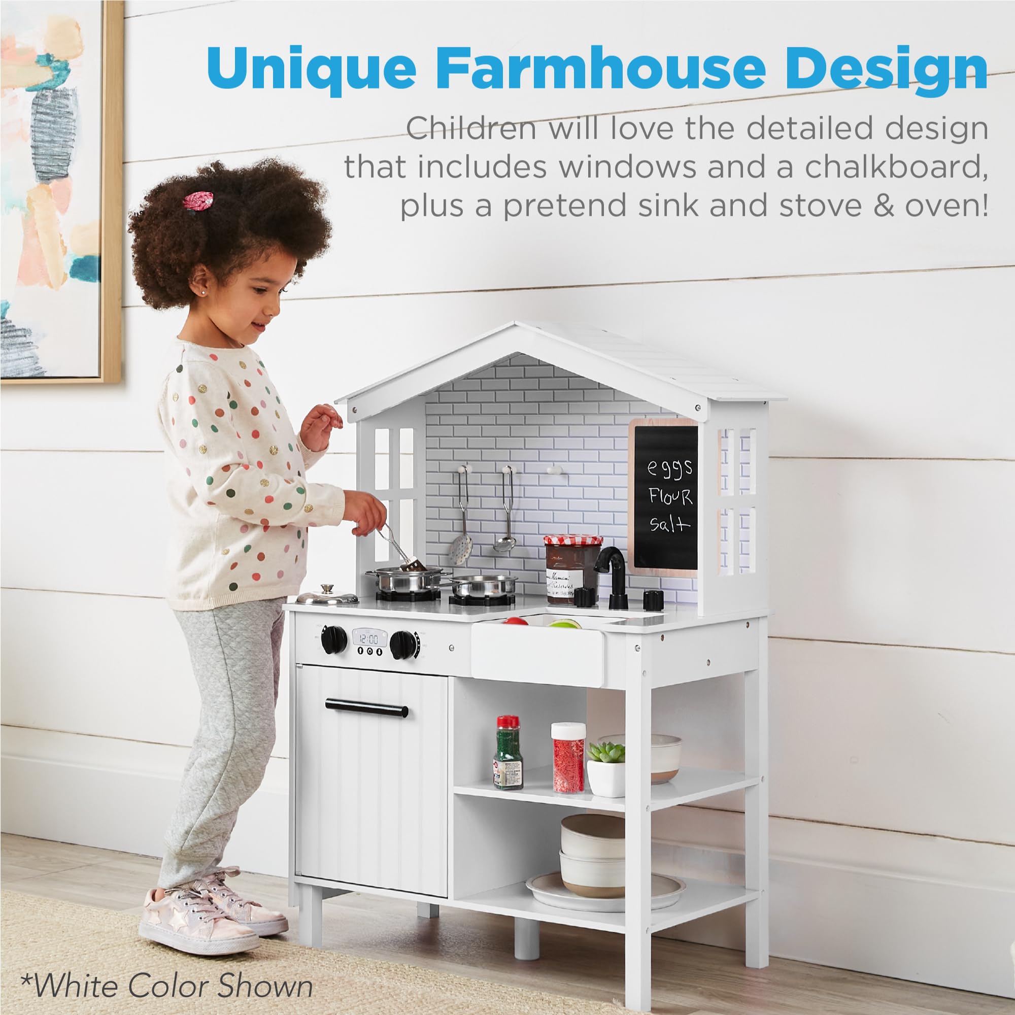 Best Choice Products Farmhouse Play Kitchen Toy, Wooden Pretend Set for Kids w/Chalkboard, Marble Backdrop, Windows, Storage Shelves, 5 Accessories Included - Beveled White