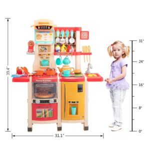 Kids Play Kitchen,Kitchen Playset with 65pcs Kitchen Toys for Toddlers,Play House Accessories with Spray Stove, Simulated Steam, Sink, Oven,Dishwasher, Real Sounds and Light for Girls and Boys