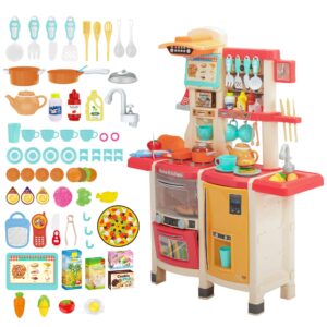 Kids Play Kitchen,Kitchen Playset with 65pcs Kitchen Toys for Toddlers,Play House Accessories with Spray Stove, Simulated Steam, Sink, Oven,Dishwasher, Real Sounds and Light for Girls and Boys