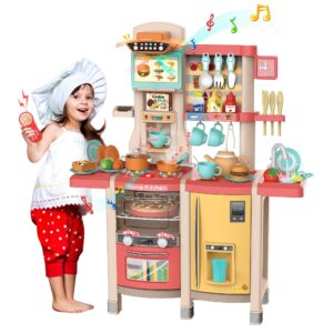 Kids Play Kitchen,Kitchen Playset with 65pcs Kitchen Toys for Toddlers,Play House Accessories with Spray Stove, Simulated Steam, Sink, Oven,Dishwasher, Real Sounds and Light for Girls and Boys