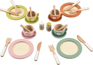 giant bean 27pcs wooden toy plates and dishes for kitchen set,montessori kitchen toys for girls and boys, wooden play kitchen accessories