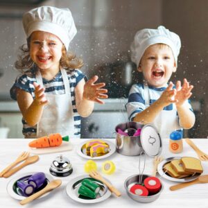 Juboury Pretend Play Kitchen Set - Toy Kitchen Accessories with Stainless Steel Cookware Pots and Pans, Plates, Cooking Utensils, Kids Chef Coat & Hat, Wooden Play Food for Kids, Girls, Boys, Toddlers