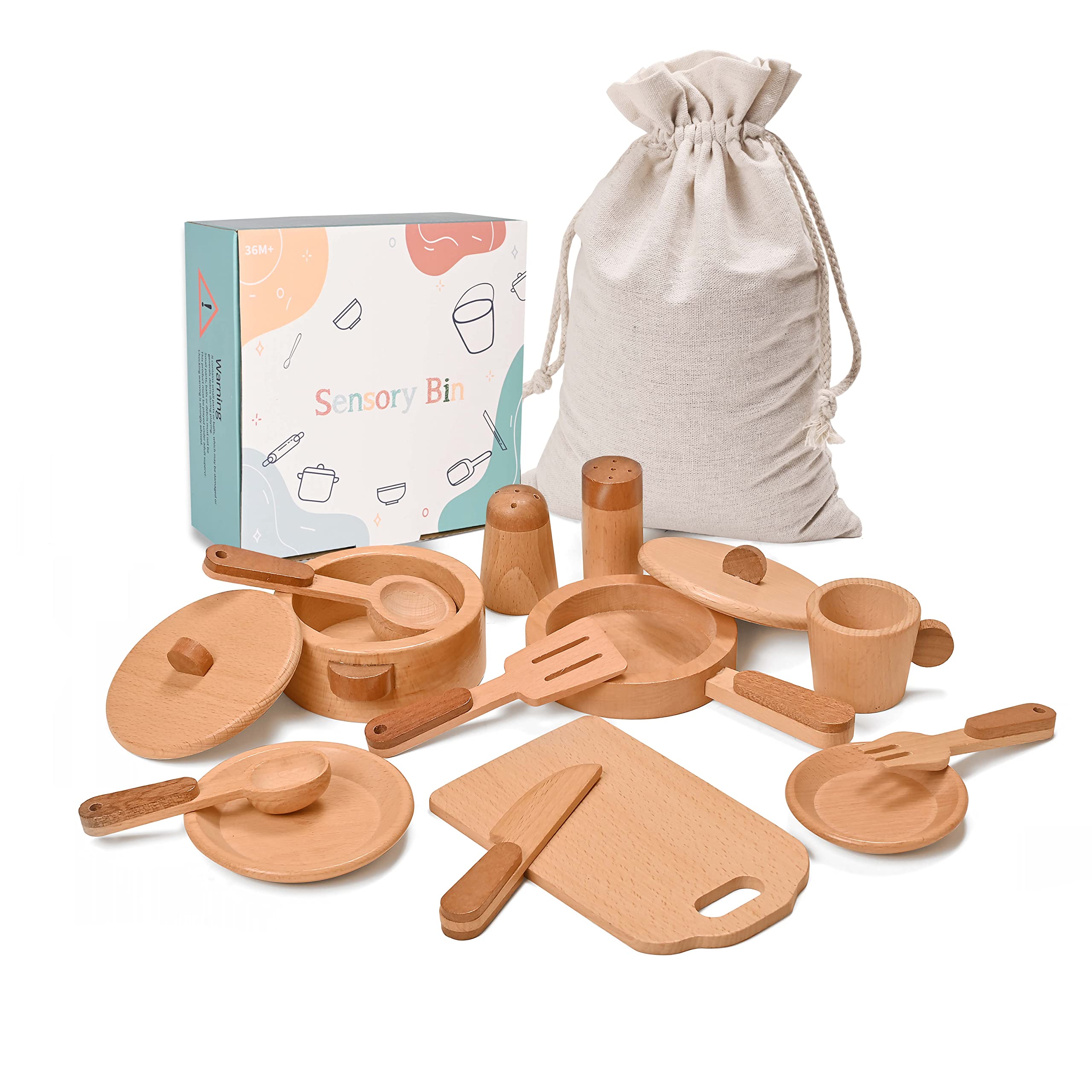 MONT PLEASANT Play Kitchen Accessories Montessori Wooden Toys Kids Kitchen Toy Set Cookware Plates Dishes Pots Pans Cooking Playset 15 Pieces Sensory Toys for Toddlers Girls Boys with Storage Bag