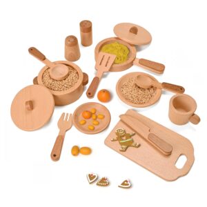 MONT PLEASANT Play Kitchen Accessories Montessori Wooden Toys Kids Kitchen Toy Set Cookware Plates Dishes Pots Pans Cooking Playset 15 Pieces Sensory Toys for Toddlers Girls Boys with Storage Bag