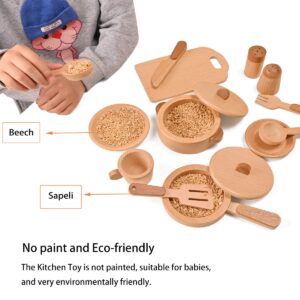 MONT PLEASANT Play Kitchen Accessories Montessori Wooden Toys Kids Kitchen Toy Set Cookware Plates Dishes Pots Pans Cooking Playset 15 Pieces Sensory Toys for Toddlers Girls Boys with Storage Bag