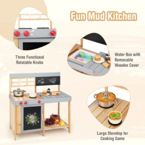 Costzon Mud Kitchen for Kids Outdoor, Wooden Pretend Play Kitchen with Removable Sink, Stoves, Storage Shelf, Toddler Backyard Toy Kitchen Set, Kids Kitchen Set for Boys Girls Age 3+