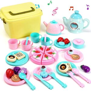 CUTE STONE Toy Tea Set for Little Girls, Kids Tea Party Set Includes Kettle with Light & Music, Teapot, Dessert, Cookies, Play Tea Party Accessories & Carrying Case, Kitchen Pretend Play for Kids