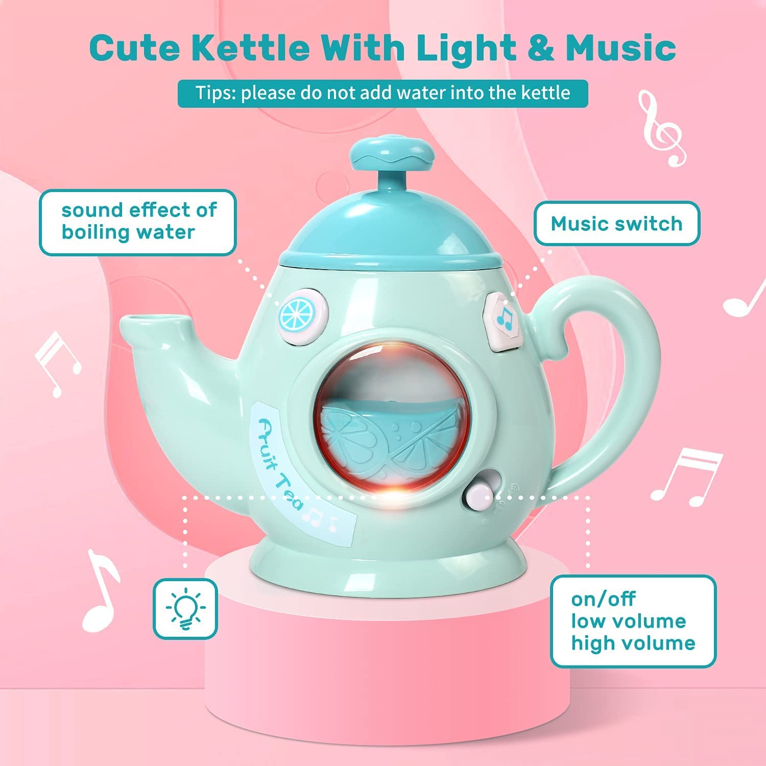 CUTE STONE Toy Tea Set for Little Girls, Kids Tea Party Set Includes Kettle with Light & Music, Teapot, Dessert, Cookies, Play Tea Party Accessories & Carrying Case, Kitchen Pretend Play for Kids