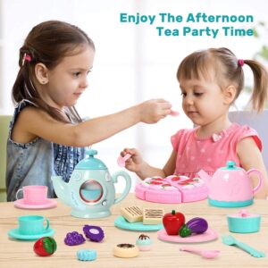 CUTE STONE Toy Tea Set for Little Girls, Kids Tea Party Set Includes Kettle with Light & Music, Teapot, Dessert, Cookies, Play Tea Party Accessories & Carrying Case, Kitchen Pretend Play for Kids