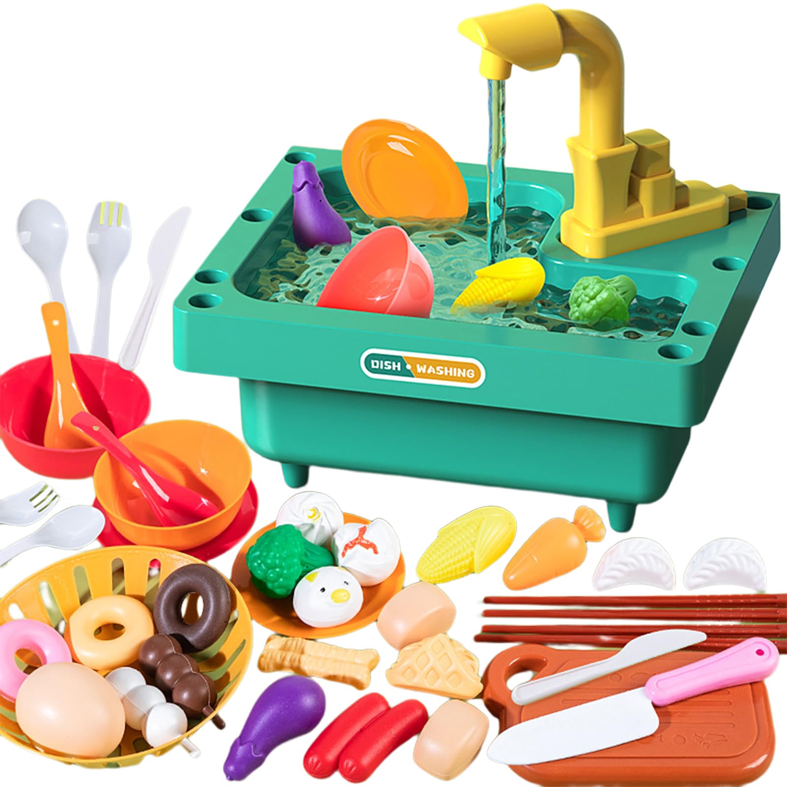 Kitchen Sink Playset with Water Recycle System, Pretend Play Water Pump Toy with Running Water, 39Pcs Play Food Electric Dishwasher Kit for Boys Girls Green 8.3"x6.5"