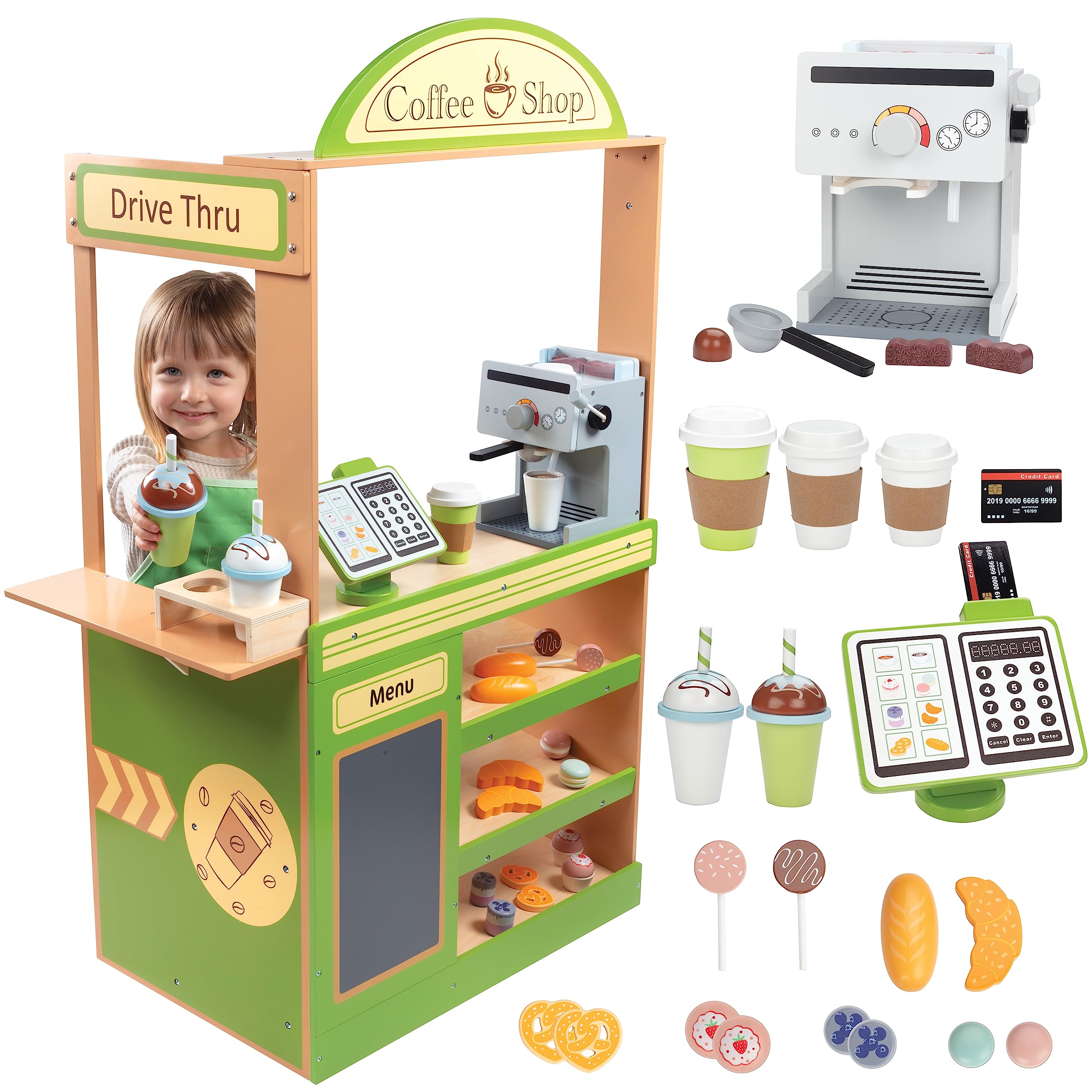 Pretend Coffee Shop Wooden Playset - Drive Thru Window Fun - Includes Frappuccino w Straws, Espresso Maker, Bread, Pastries, Rotating Cash Register, Coffee Cups, Apron- Over 25 Super Cute Play Pieces!