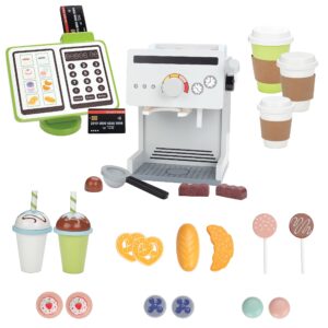 Pretend Coffee Shop Wooden Playset - Drive Thru Window Fun - Includes Frappuccino w Straws, Espresso Maker, Bread, Pastries, Rotating Cash Register, Coffee Cups, Apron- Over 25 Super Cute Play Pieces!