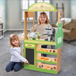 Pretend Coffee Shop Wooden Playset - Drive Thru Window Fun - Includes Frappuccino w Straws, Espresso Maker, Bread, Pastries, Rotating Cash Register, Coffee Cups, Apron- Over 25 Super Cute Play Pieces!