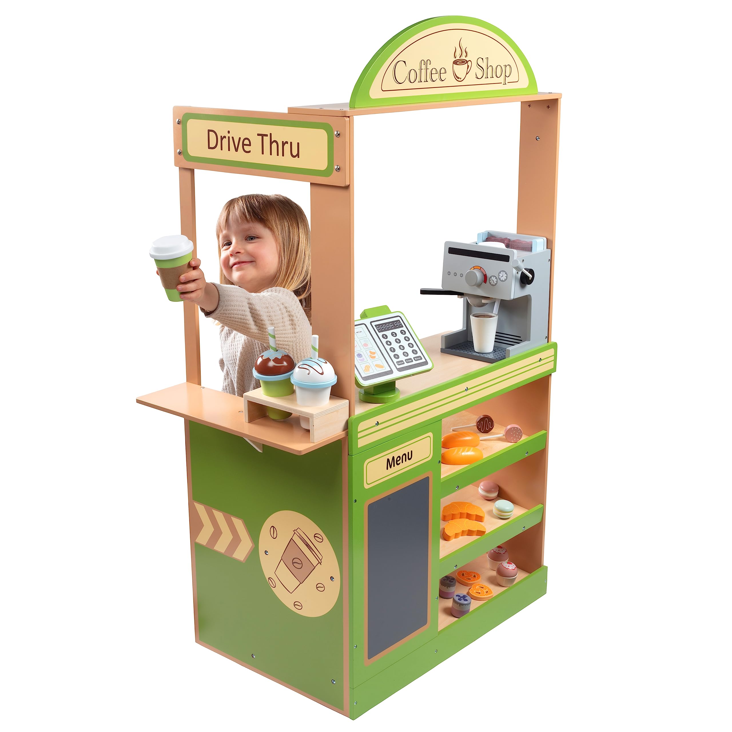 Pretend Coffee Shop Wooden Playset - Drive Thru Window Fun - Includes Frappuccino w Straws, Espresso Maker, Bread, Pastries, Rotating Cash Register, Coffee Cups, Apron- Over 25 Super Cute Play Pieces!