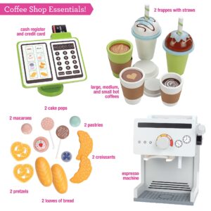 Pretend Coffee Shop Wooden Playset - Drive Thru Window Fun - Includes Frappuccino w Straws, Espresso Maker, Bread, Pastries, Rotating Cash Register, Coffee Cups, Apron- Over 25 Super Cute Play Pieces!