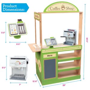 Pretend Coffee Shop Wooden Playset - Drive Thru Window Fun - Includes Frappuccino w Straws, Espresso Maker, Bread, Pastries, Rotating Cash Register, Coffee Cups, Apron- Over 25 Super Cute Play Pieces!