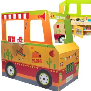 taco truck wooden playset, 30 toy pieces including cook top, steering wheel, sink, sticker sheet for kids name, food, taco shells, cheese, patties, dual sided play stand set for indoor fun, ages 3+