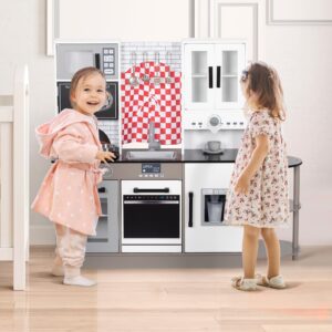 OHKIDS Kids Kitchen Playset, Wooden Kids Pretend Kitchen w/Faucet, Sink, Microwave, Oven, Blackboard, Coffee Maker, Pretend Cooking Toys for Toddlers w/Lights & Sounds, Gift for Kids Age 3+