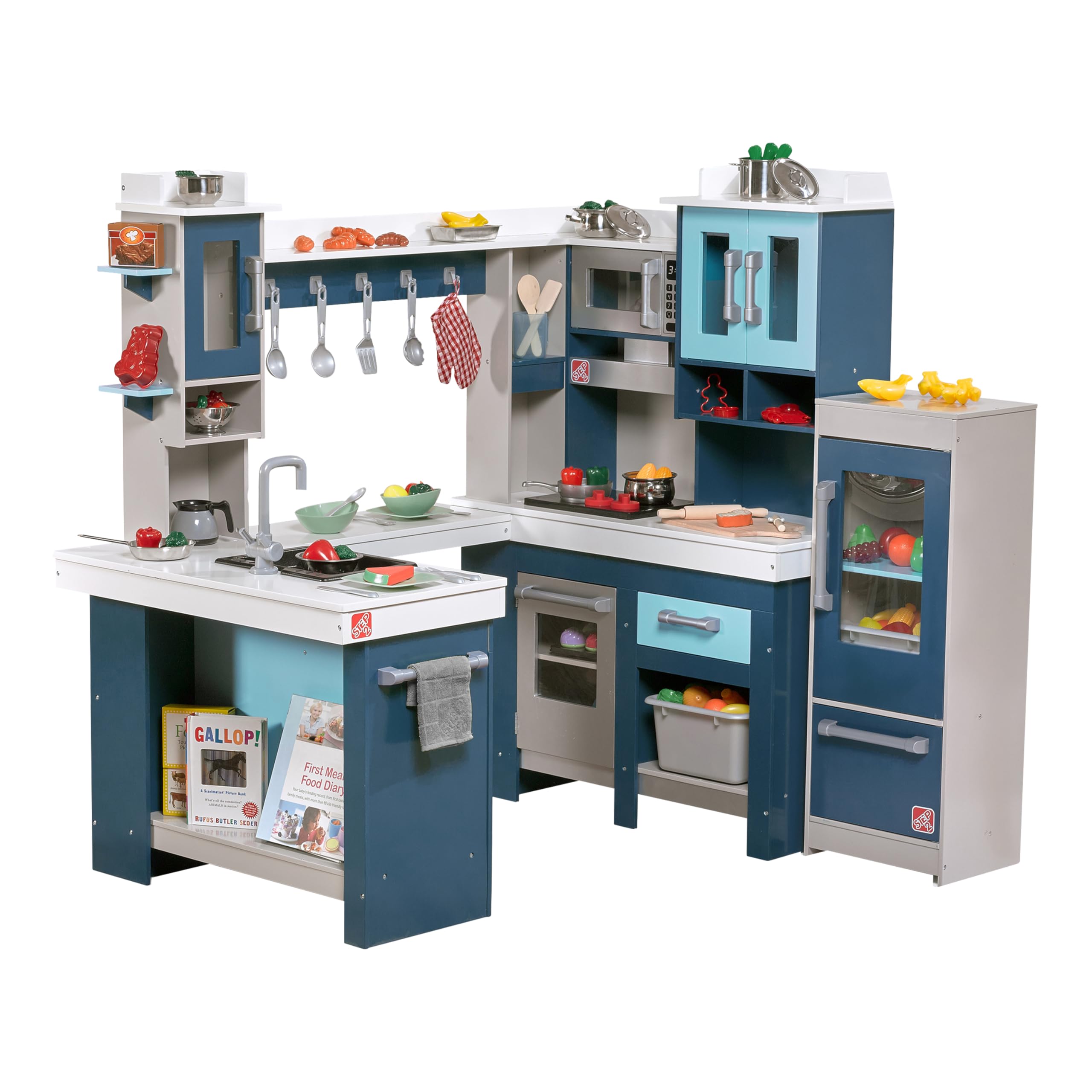 Step2 Grand Walk-In Wooden Kitchen Set for Kids, Indoor/Outdoor Pretend Play Kitchen, Ages 3+ Years Old, 15 Piece Toy Accessory Set, Easy Assembly