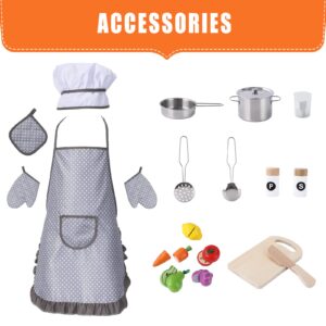 Kids Kitchen Playset, Wooden Chef Pretend Play Set with 20 PCS Cookware Accessories, Wooden Cookware Pretend with Ice Maker, Microwave, Oven, Range Hood, Sink, Real Lights & Sounds，Gray