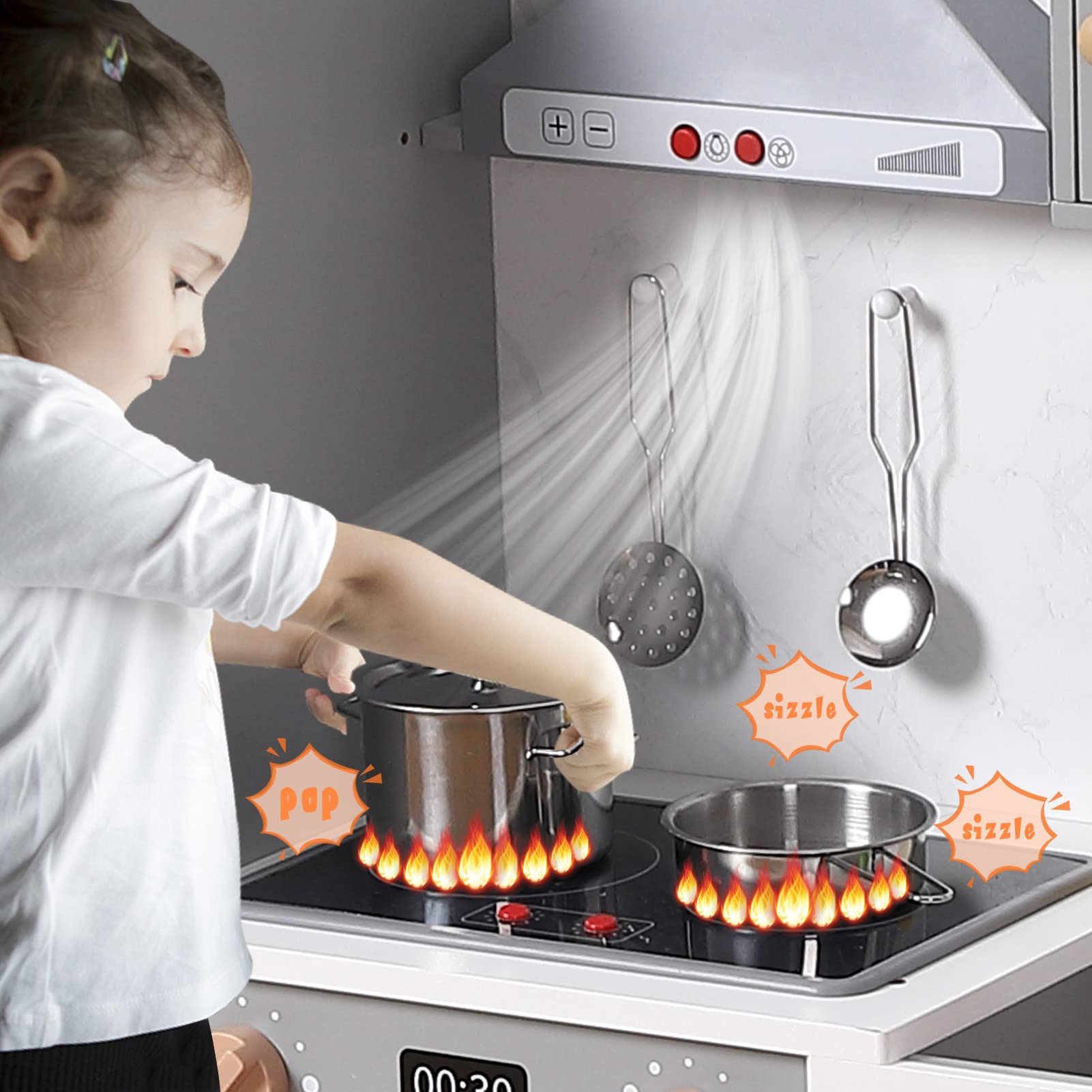 Kids Kitchen Playset, Wooden Chef Pretend Play Set with 20 PCS Cookware Accessories, Wooden Cookware Pretend with Ice Maker, Microwave, Oven, Range Hood, Sink, Real Lights & Sounds，Gray