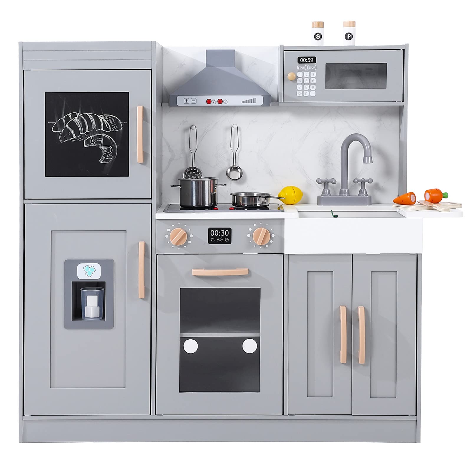 Kids Kitchen Playset, Wooden Chef Pretend Play Set with 20 PCS Cookware Accessories, Wooden Cookware Pretend with Ice Maker, Microwave, Oven, Range Hood, Sink, Real Lights & Sounds，Gray