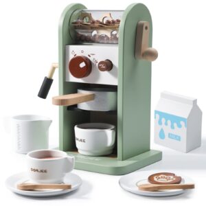 dorjee kids coffee maker playset with grinder, play to learn coffee making routine, stimulates imaginative pretend play and life skills, gifts for toddler girls and boys, 14pcs in wood