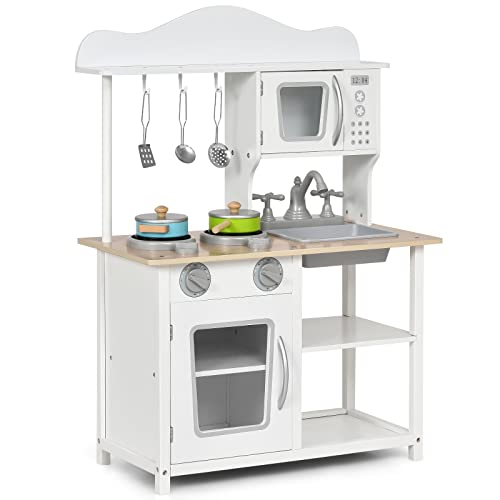 Costzon Kids Kitchen Playset, Wooden Play Kitchen w/Sink, Oven, Microwave, Stove, Pots, Utensils, Pretend Play Cooking Set w/Shelf, Cabinets, Great Gift for Toddlers Boys Girls