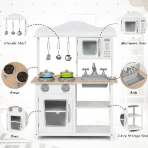 Costzon Kids Kitchen Playset, Wooden Play Kitchen w/Sink, Oven, Microwave, Stove, Pots, Utensils, Pretend Play Cooking Set w/Shelf, Cabinets, Great Gift for Toddlers Boys Girls