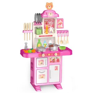 play kitchen girls toy, kids kitchen play set 3-5, 46pcs toy kitchen accessories for boys and girls, kitchen toys ages 4-8 with realistic lights & sounds, simulation of spray and play sink