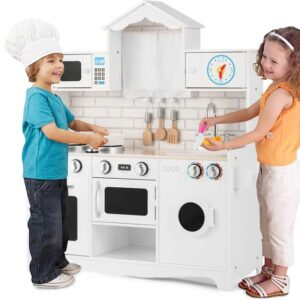 OLAKIDS Kids Kitchen Playset, Wooden Pretend Play Toys with Cookware Accessories, Removable Sink, Oven, Microwave, Washing Machine & Cabinets, Toy Kitchen Set for Kids with Realistic Design