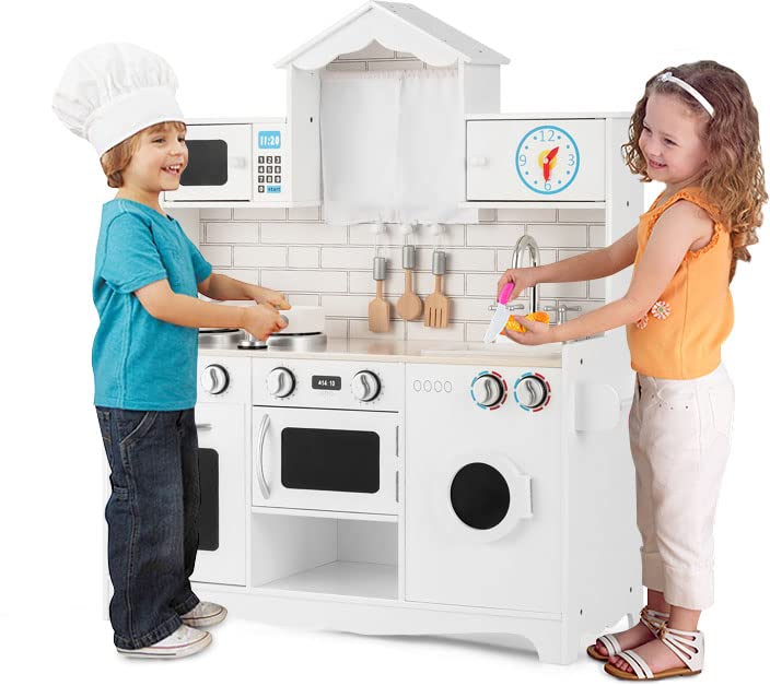 OLAKIDS Kids Kitchen Playset, Wooden Pretend Play Toys with Cookware Accessories, Removable Sink, Oven, Microwave, Washing Machine & Cabinets, Toy Kitchen Set for Kids with Realistic Design