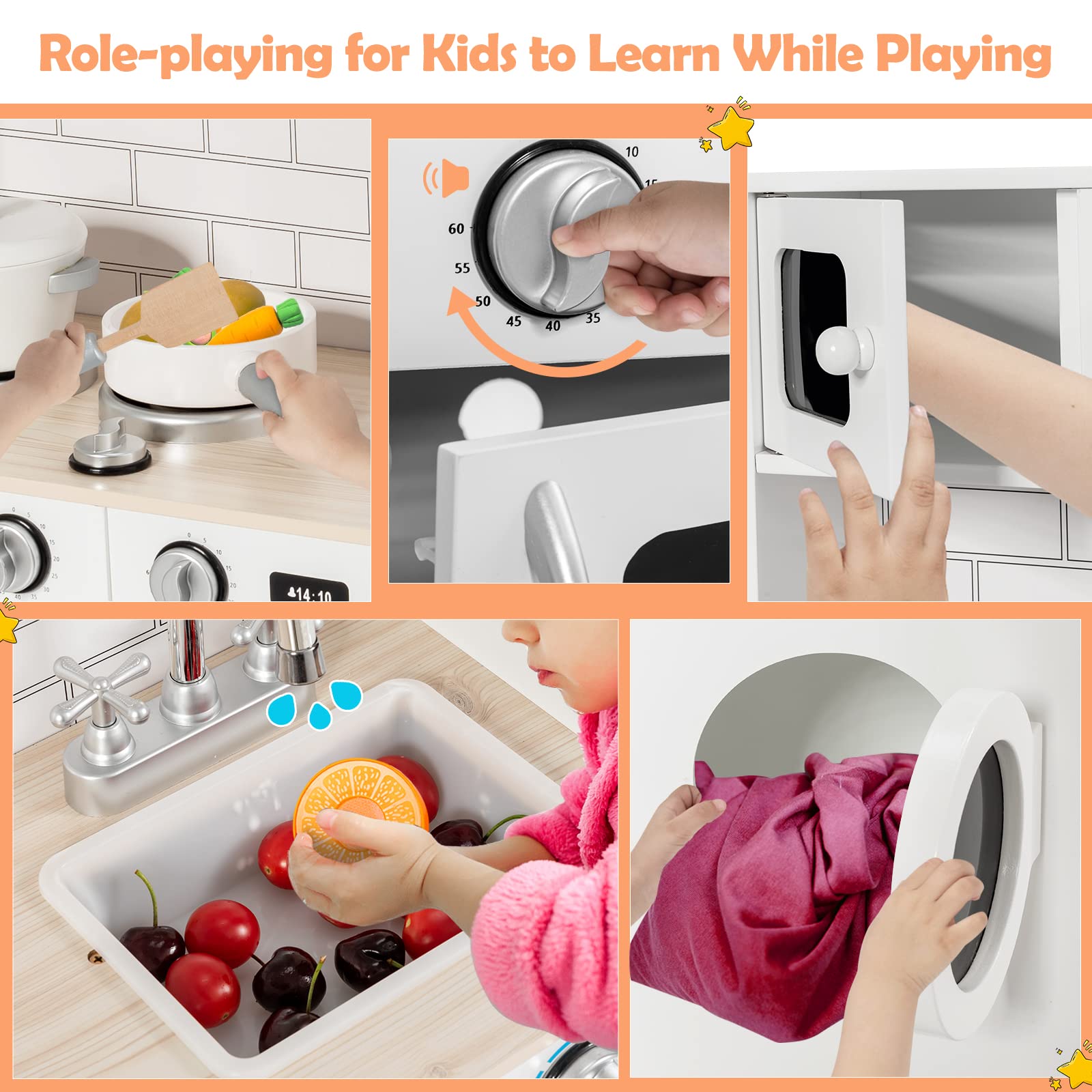 OLAKIDS Kids Kitchen Playset, Wooden Pretend Play Toys with Cookware Accessories, Removable Sink, Oven, Microwave, Washing Machine & Cabinets, Toy Kitchen Set for Kids with Realistic Design