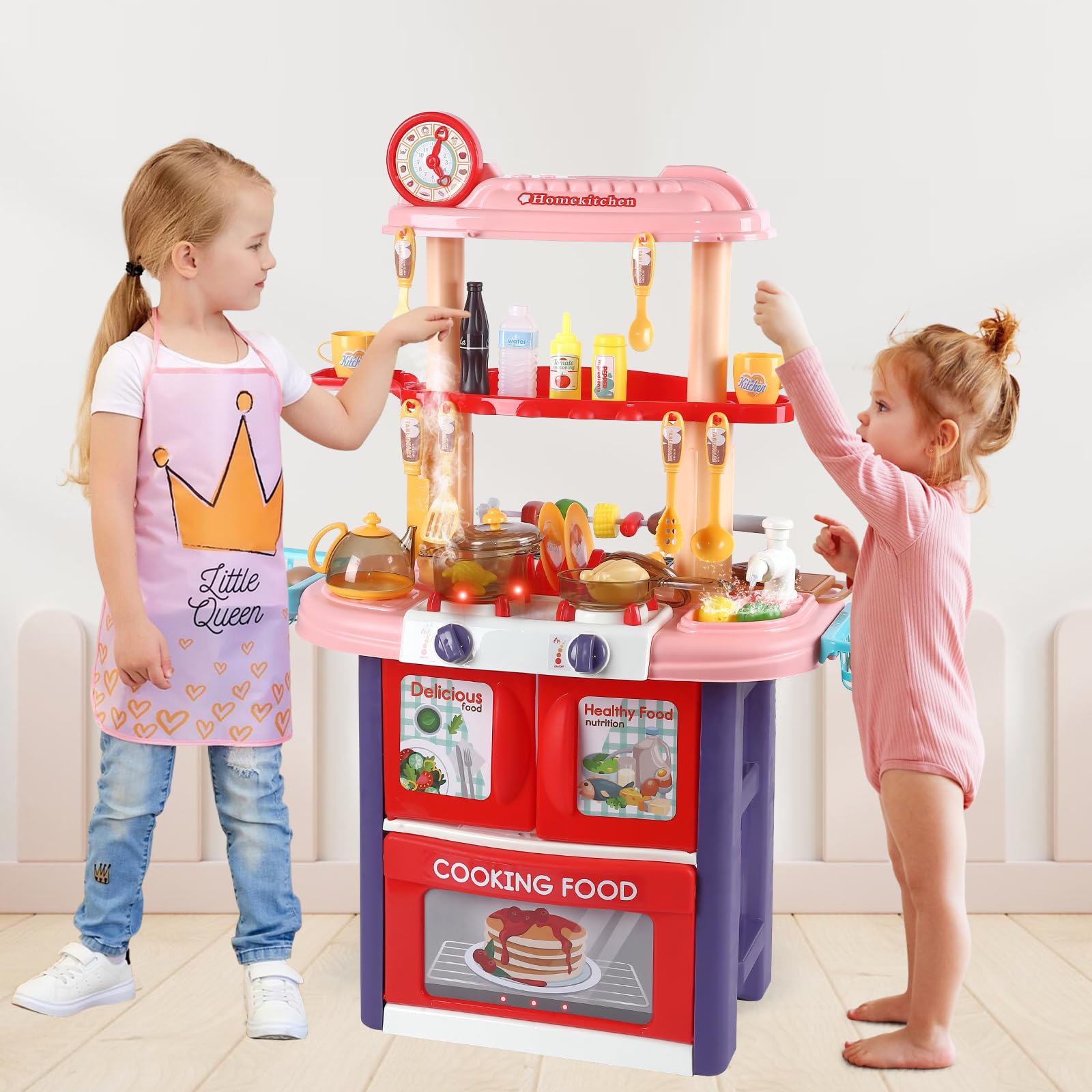 Kids Kitchen Playset, 2 in 1 Play Kitchen & Grill Playset, Toy Kitchen with Realistic Steam Light Sound Play Sink & Play Food for Toddlers Boys Girls