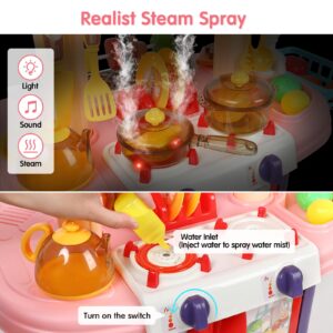 Kids Kitchen Playset, 2 in 1 Play Kitchen & Grill Playset, Toy Kitchen with Realistic Steam Light Sound Play Sink & Play Food for Toddlers Boys Girls