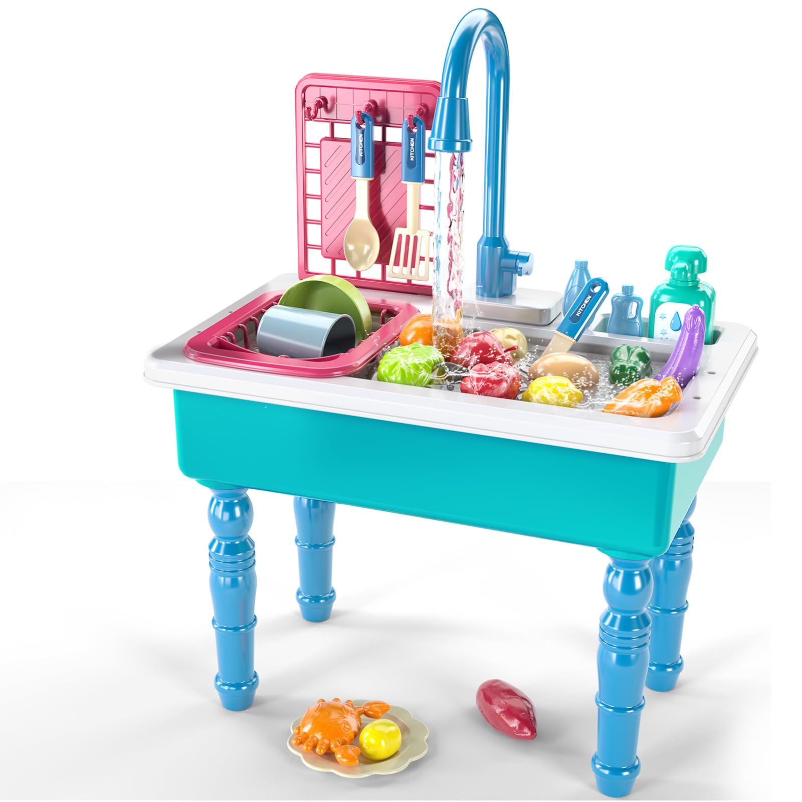 SmartChef Play Kitchen Sink Toys, Blue Electric Dishwasher Playing Toy with Running Water, Play Food & Tableware Accessories, Kitchen Set Toys, Role Play Sink Set for Toddlers Kids Boys Girls