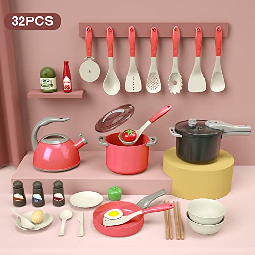 Bruvoalon 32Pcs Kids Play Kitchen Toys Set, Toddlers Pretend Cooking Playset Acccessories with Pots Pans, Utensils Cookware, Foods, Canned Veges, Learning Gift for Kids Girls Boys (Red)