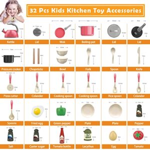 Bruvoalon 32Pcs Kids Play Kitchen Toys Set, Toddlers Pretend Cooking Playset Acccessories with Pots Pans, Utensils Cookware, Foods, Canned Veges, Learning Gift for Kids Girls Boys (Red)