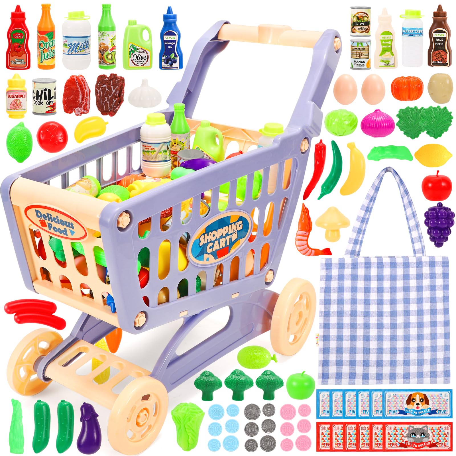 Tagitary Shopping Cart Toy for Kids,82 PCS Toddlers Large Play Grocery Cart with Shopping Bag,Included Pretend Food Veggies,Play Money Cash and Coins,Educational Toys Play Kitchen Accessories for Kids