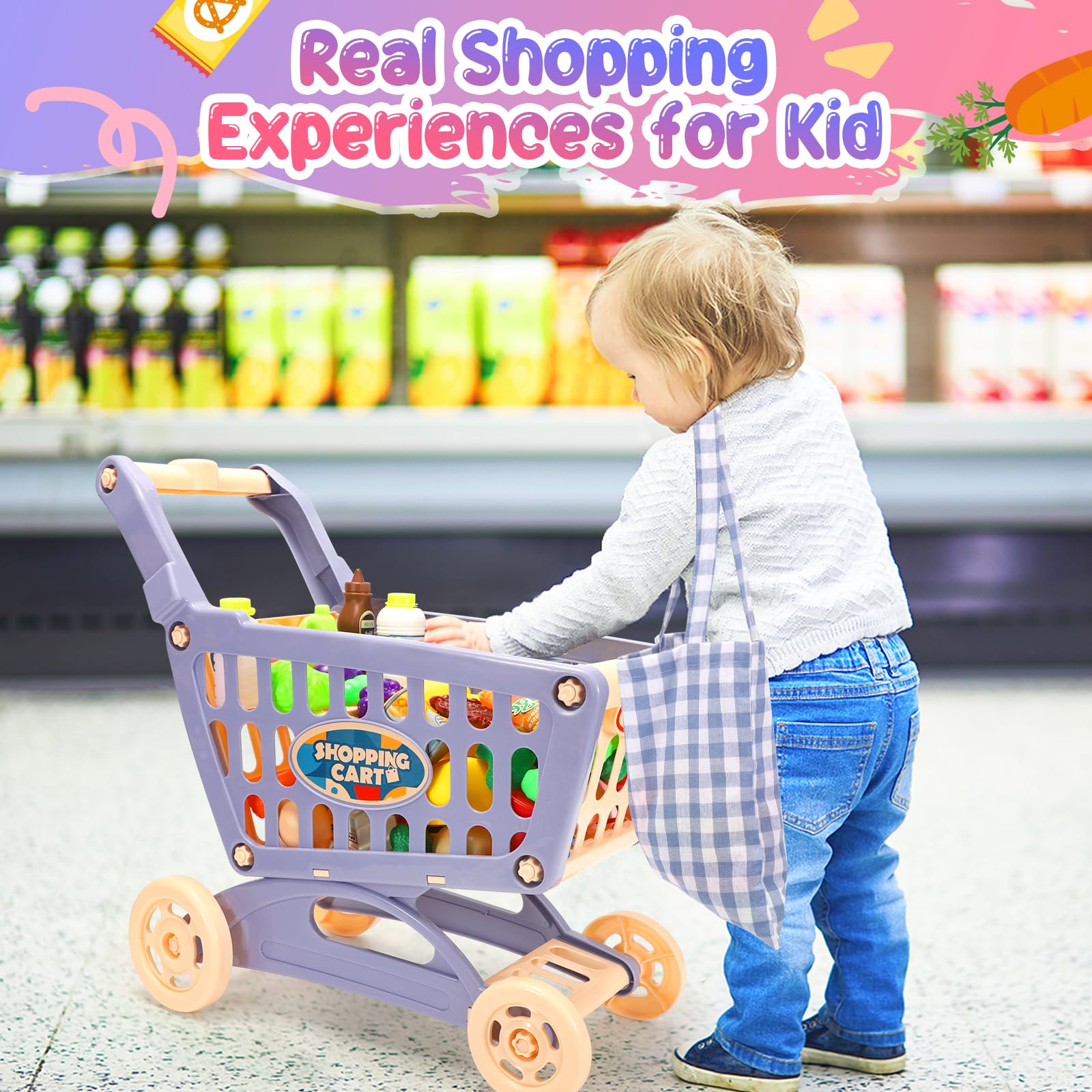 Tagitary Shopping Cart Toy for Kids,82 PCS Toddlers Large Play Grocery Cart with Shopping Bag,Included Pretend Food Veggies,Play Money Cash and Coins,Educational Toys Play Kitchen Accessories for Kids