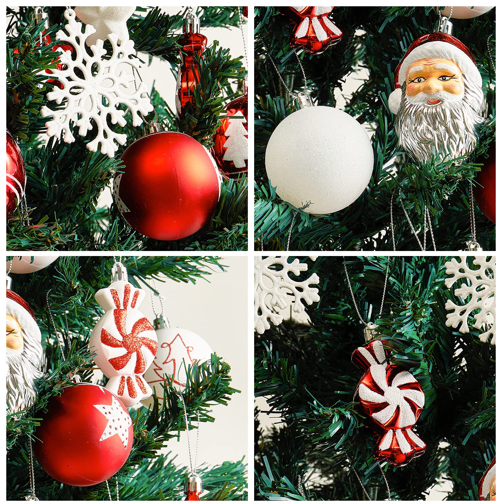 Christmas Tree Ornament Set, 70-Pack Shatterproof Assorted with Hanging Rope for Xmas Decorations Home Party, Holiday Wedding, Includes Santa Claus, Snowflakes, Candies, Etc.