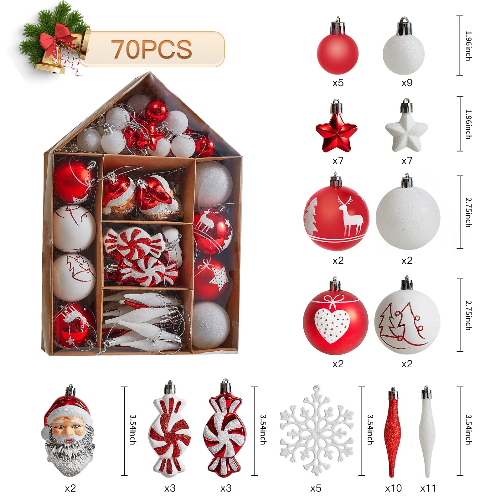 Christmas Tree Ornament Set, 70-Pack Shatterproof Assorted with Hanging Rope for Xmas Decorations Home Party, Holiday Wedding, Includes Santa Claus, Snowflakes, Candies, Etc.