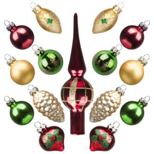 KINGYEE Miniature Ornaments and Tree Topper Christmas Mini Glass Tree Decorations Set of 15 for Tabletop Desktop Tree Wedding Centerpiece (Red Gold Green)