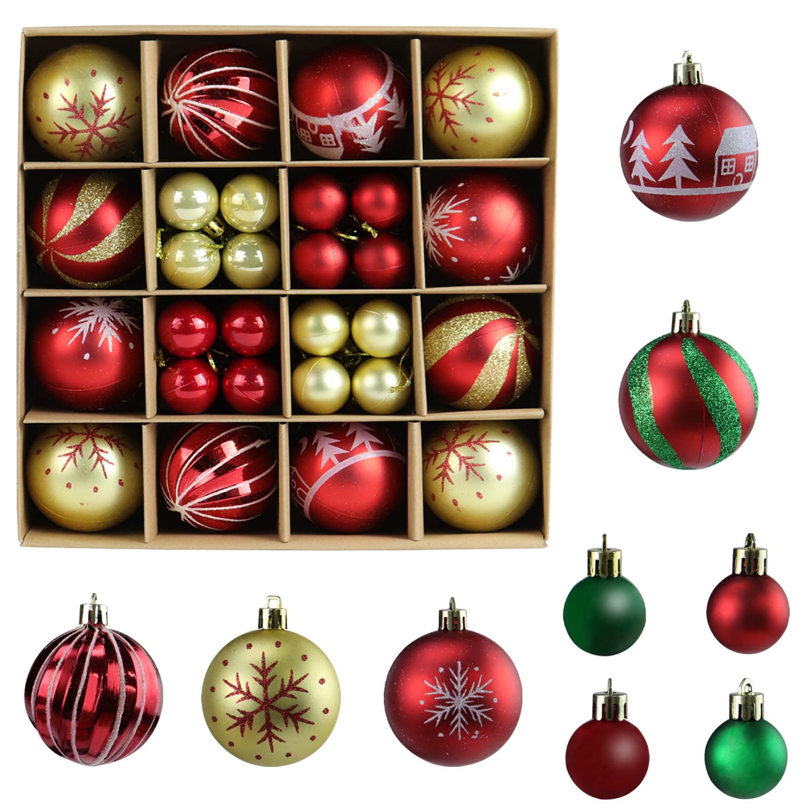 Christmas Balls,Christmas Tree Decorations Ornaments Set,44pcs Shatterproof Plastic Decorative Hanging Ball for Xmas Party Holiday Wedding (Red and Gold)