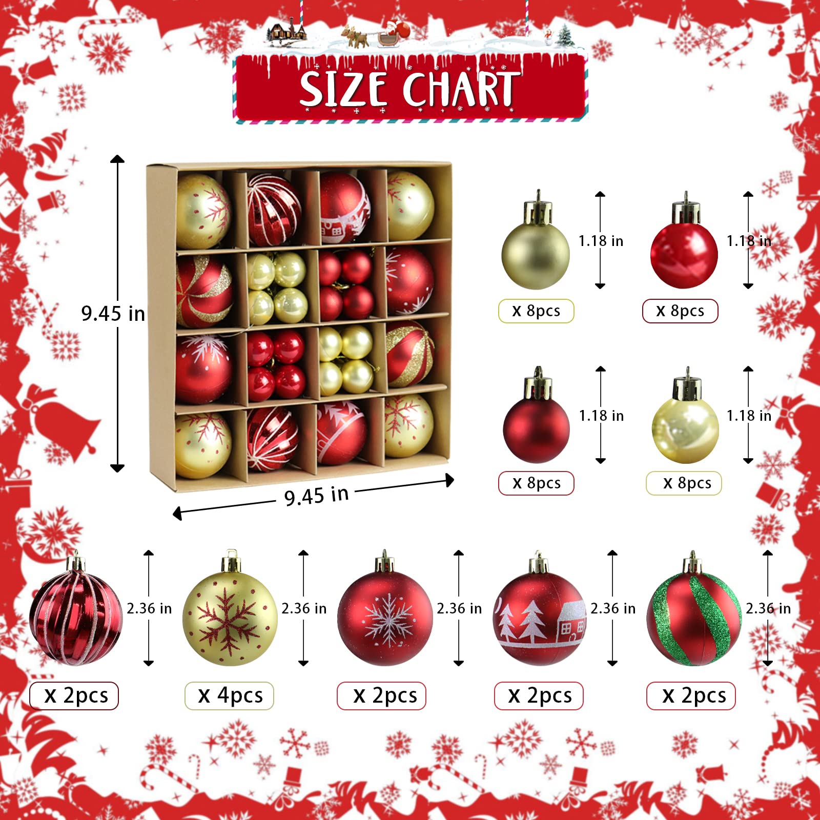 Christmas Balls,Christmas Tree Decorations Ornaments Set,44pcs Shatterproof Plastic Decorative Hanging Ball for Xmas Party Holiday Wedding (Red and Gold)