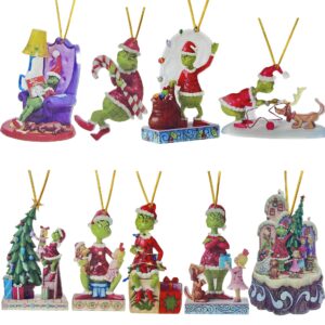 gadluckki 2024 christmas grinches tree decorations, 9pcs acrylic 2d funny green doll pendant, flat ornaments hanging decor for home holiday party vacation gifts supplies 10cm/3.93in