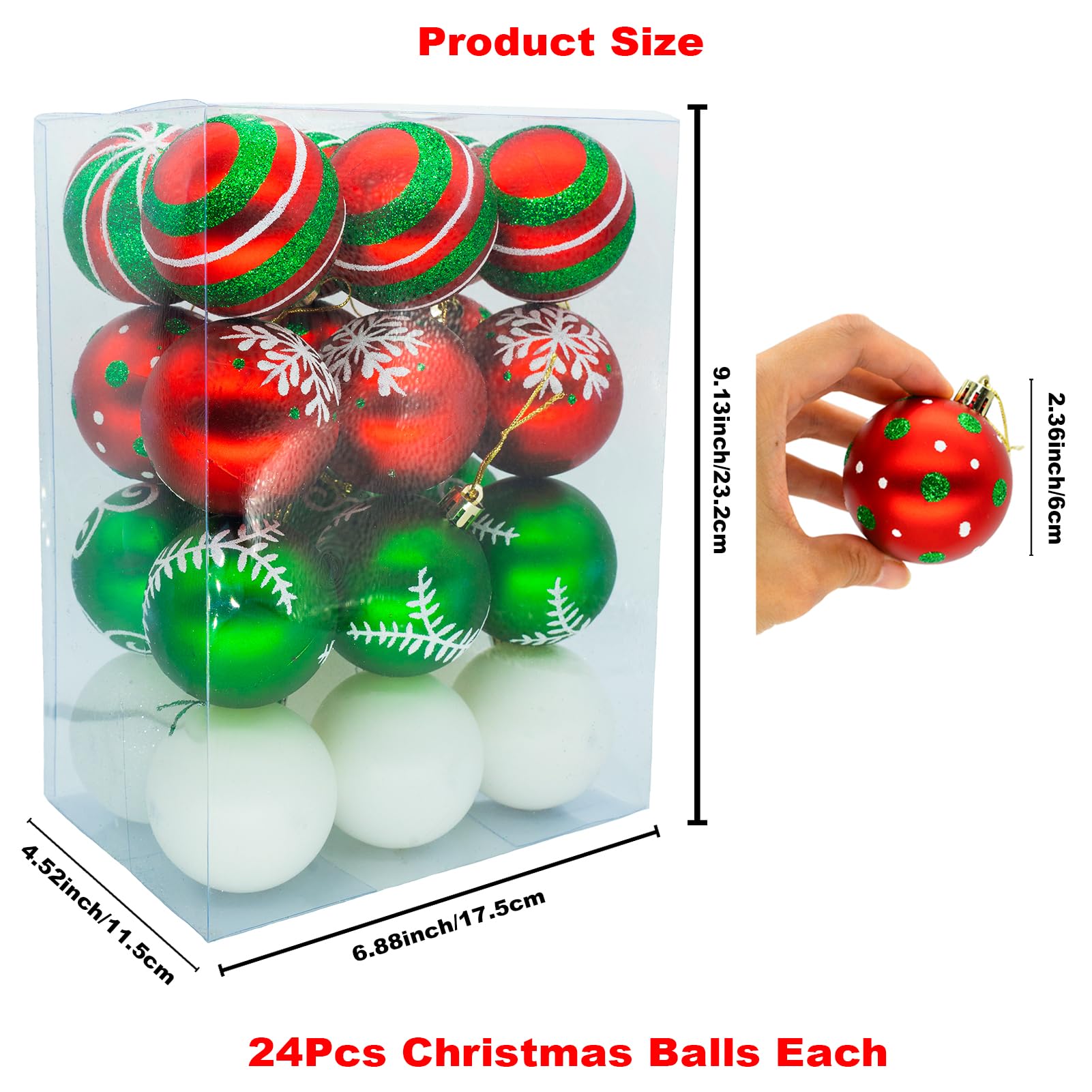 24 Pcs Christmas Tree Ornaments Christmas Ball Hanging Ornaments 2.36" White Red and Green Christmas Ball Sets for Christmas Tree Holiday Decorations…