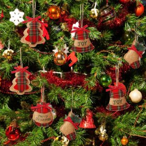 24 Pcs Burlap Christmas Ornaments 2022 Set Mini Stockings Funny Christmas Tree Ornaments Rustic Christmas Decorations Red Plaid Tartan Hanging Decoration Stocking Ball Tree Bell, 8 Styles (Rustic)