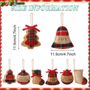 24 Pcs Burlap Christmas Ornaments 2022 Set Mini Stockings Funny Christmas Tree Ornaments Rustic Christmas Decorations Red Plaid Tartan Hanging Decoration Stocking Ball Tree Bell, 8 Styles (Rustic)